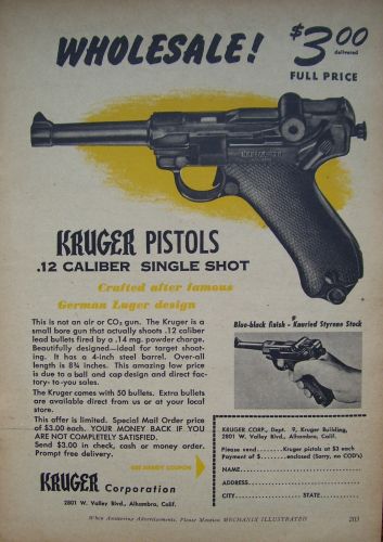 1954 Kruger 12 Pistol German Luger Design Ad Krüger