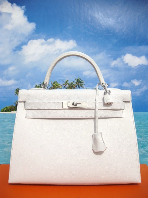 *WHITE IDOL* HERMES Kelly 32 Bag  Epsom K Stamp Pallad