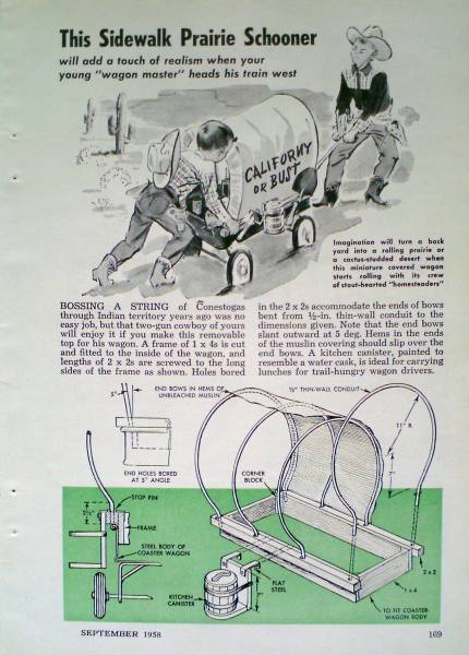  COVERED SIDEWALK PRAIRIE SCHOONER Using an old kids wagon 1958 DIY